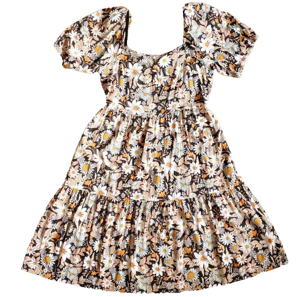 Floral Smocked Tiered Midi Dress XL Brown Puff Sleeve Cotton Blend a.n.a.